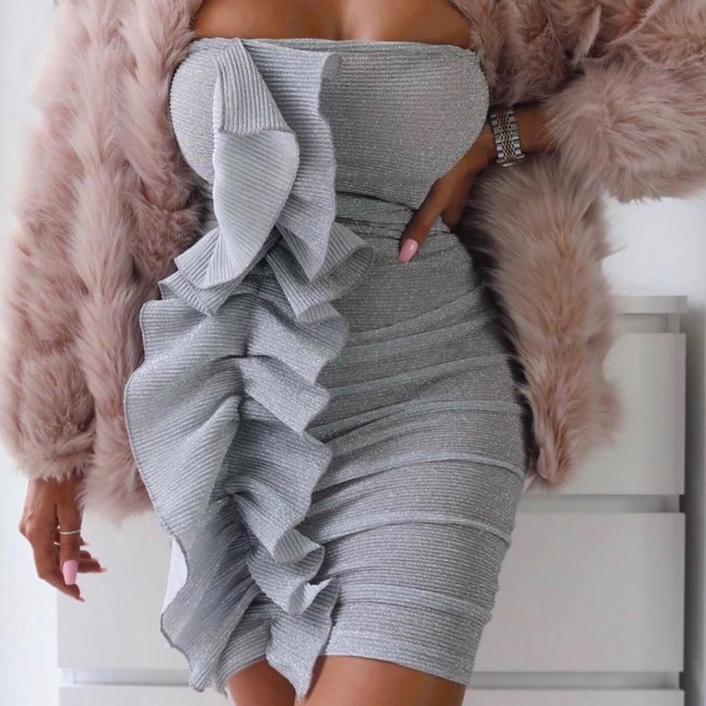 Ruffle Ruched Glitter Tube Dress